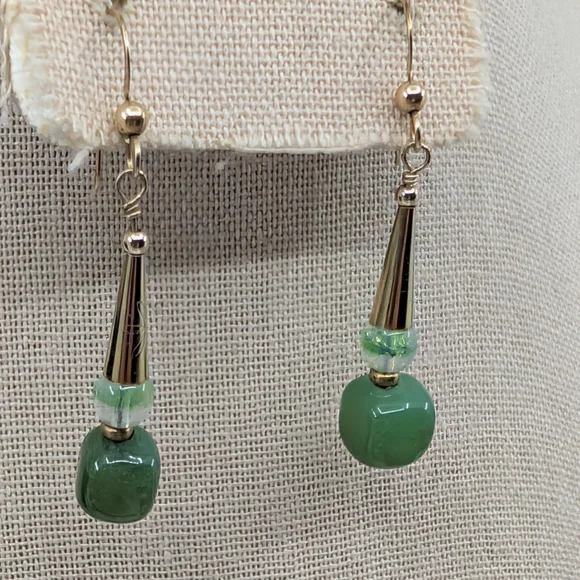 Vintage Handmade Green Glass Dangle Earrings | Boho Drop Style | Lightweight - Picture 8 of 14